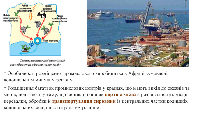 * Особливості розміщення промислового виробництва в Африці зумовлені колоніальним минулим регіону. * Розміщення багатьох промислових центрів у країнах, що мають вихід до океанів та морів, полягають у тому, що виникли вони як портові міста й розвивалися як місця перевалки, обробки й транспортування сировини із центральних частин колишніх колоніальних володінь до країн-метрополій.