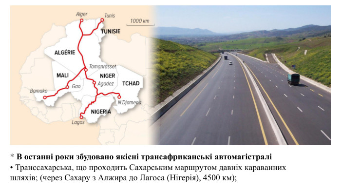 * В останні роки збудовано якісні трансафриканські автомагістралі • Транссахарська, що проходить Сахарським маршрутом давніх караванних шляхів; (через Сахару з Алжира до Лагоса (Нігерія), 4500 км);
