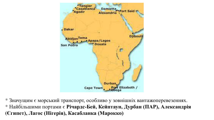 * Значущим є морський транспорт, особливо у зовнішніх вантажоперевезеннях. * Найбільшими портами є Річардс-Бей, Кейптаун, Дурбан (ПАР), Александрія (Єгипет), Лагос (Нігерія), Касабланка (Марокко)