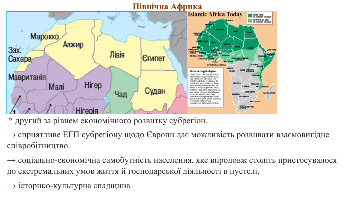  * другий за рівнем економічного розвитку субрегіон. → сприятливе ЕГП субрегіону щодо Європи дає можливість розвивати взаємовигідне співробітництво. → соціально-економічна самобутність населення, яке впродовж століть пристосувалося до екстремальних умов життя й господарської діяльності в пустелі, → історико-культурна спадщина Північна Африка