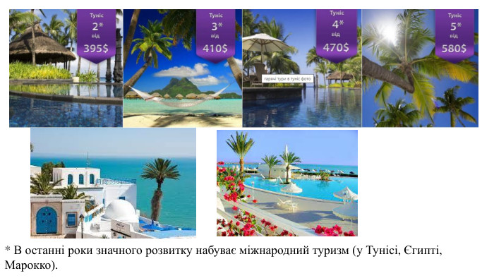 * В останні роки значного розвитку набуває міжнародний туризм (у Тунісі, Єгипті, Марокко).
