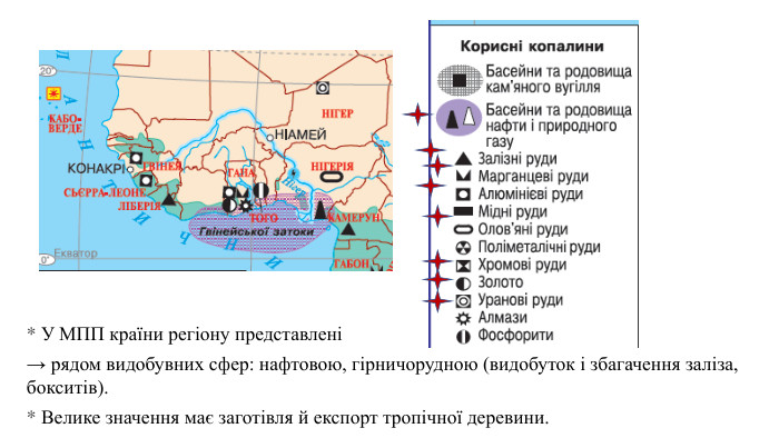 * У МПП країни регіону представлені → рядом видобувних сфер: нафтовою, гірничорудною (видобуток і збагачення заліза, бокситів). * Велике значення має заготівля й експорт тропічної деревини.