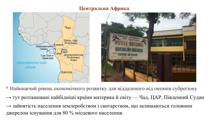 * Найнижчий рівень економічного розвитку для віддаленого від океанів субрегіону→ тут розташовані найбідніші країни материка й світу — Чад, ЦАР, Південний Судан→ зайнятість населення землеробством і скотарством, що залишаються головним джерелом існування для 80 % місцевого населення. Центральна Африка