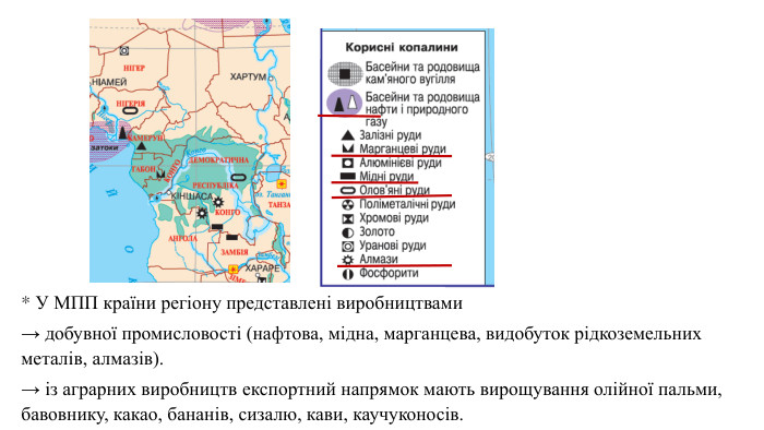 * У МПП країни регіону представлені виробництвами → добувної промисловості (нафтова, мідна, марганцева, видобуток рідкоземельних металів, алмазів). → із аграрних виробництв експортний напрямок мають вирощування олійної пальми, бавовнику, какао, бананів, сизалю, кави, каучуконосів.