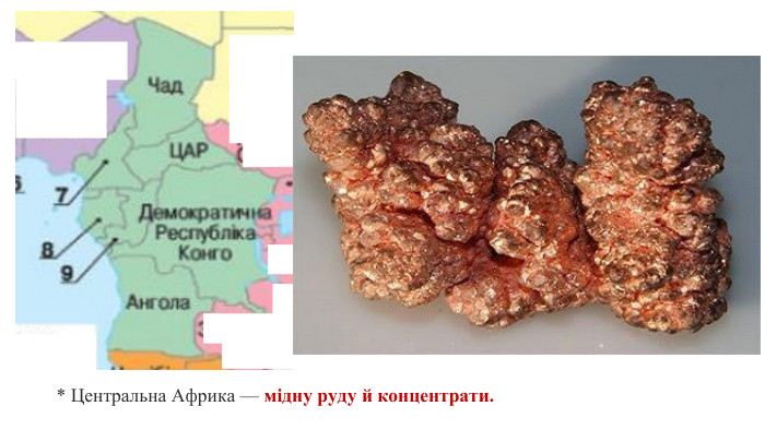 * Центральна Африка — мідну руду й концентрати.