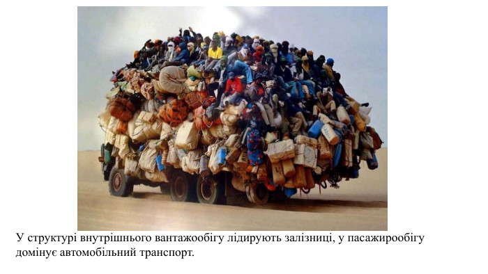 У структурі внутрішнього вантажообігу лідирують залізниці, у пасажирообігу домінує автомобільний транспорт. 