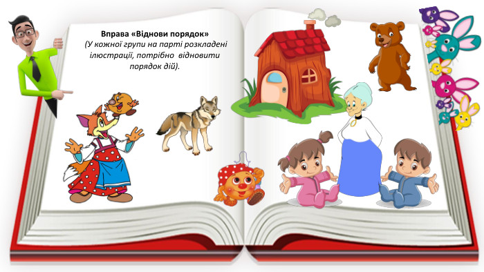 Вправа «Віднови порядок» (У кожної групи на парті розкладені ілюстрації, потрібно відновити порядок дій).