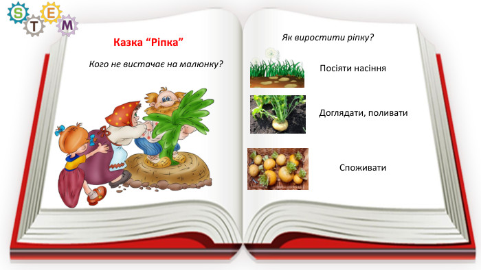 Казка “Ріпка”Як виростити ріпку?Посіяти насіння. Доглядати, поливати. Споживати. Кого не вистачає на малюнку?