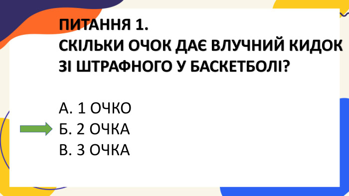 ПИТАННЯ 1. СКІЛЬКИ ОЧОК ДАЄ ВЛУЧНИЙ КИДОК ЗІ ШТРАФНОГО У БАСКЕТБОЛІ?А. 1 ОЧКОБ. 2 ОЧКАВ. 3 ОЧКА