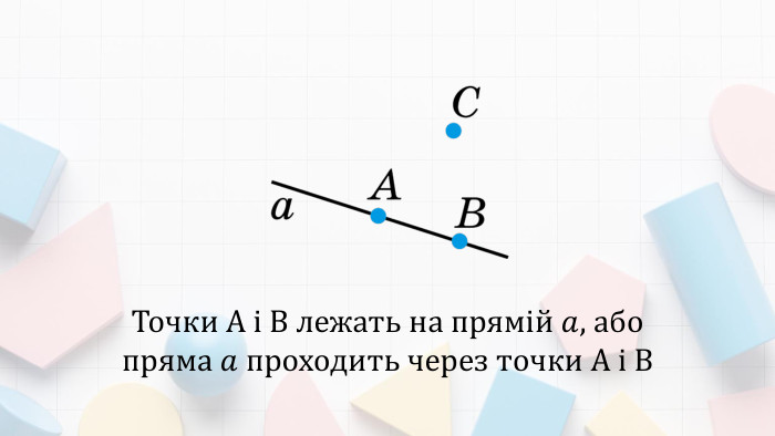 Точки А і В лежать на прямій 𝑎, або пряма 𝑎 проходить через точки А і В 