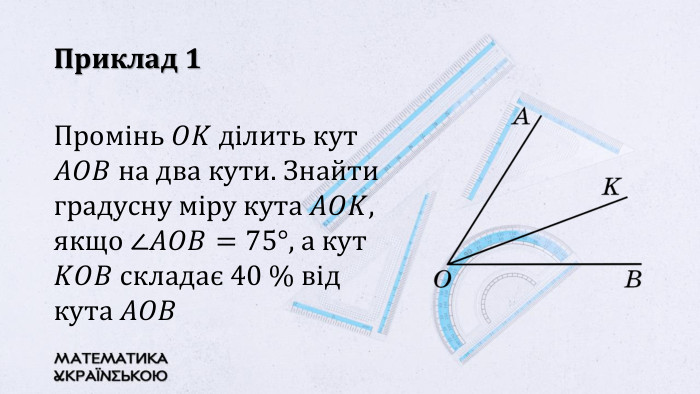 Приклад 1 Промінь 𝑂𝐾 ділить кут 𝐴𝑂𝐵 на два кути. Знайти градусну міру кута 𝐴𝑂𝐾, якщо ∠𝐴𝑂𝐵=75°, а кут 𝐾𝑂𝐵 складає 40 % від кута 𝐴𝑂𝐵 