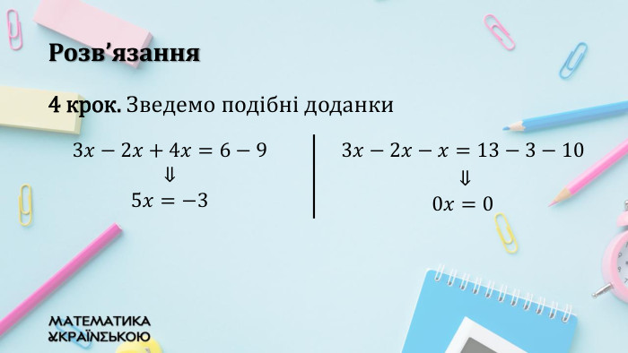 Розв’язання4 крок. Зведемо подібні доданки{5940675 A-B579-460 E-94 D1-54222 C63 F5 DA}3𝑥−2𝑥+4𝑥=6−9 ⇓ 5𝑥=−3 3𝑥−2𝑥−𝑥=13−3−10 ⇓0𝑥=0 {5940675 A-B579-460 E-94 D1-54222 C63 F5 DA}