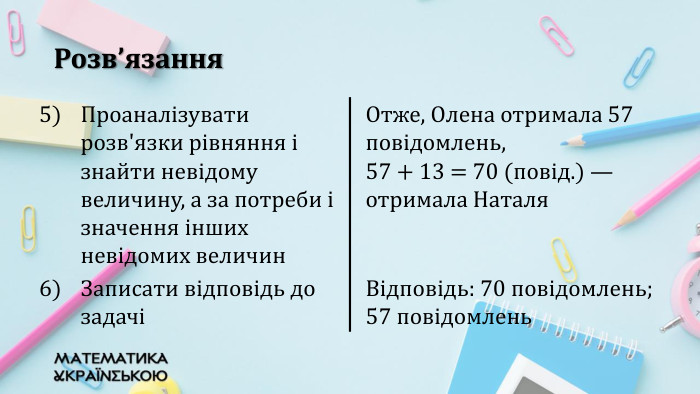 Розв’язання{5940675 A-B579-460 E-94 D1-54222 C63 F5 DA}Проаналізувати розв'язки рівняння і знайти невідому величину, а за потреби і значення інших невідомих величин. Отже, Олена отримала 57 повідомлень, 57 + 13 = 70 (повід.) — отримала Наталя. Записати відповідь до задачіВідповідь: 70 повідомлень; 57 повідомлень