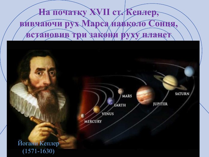 На початку XVII ст. Кеплер, вивчаючи рух Марса навколо Сонця, встановив три закони руху планет. Йоганн Кеплер (1571-1630).