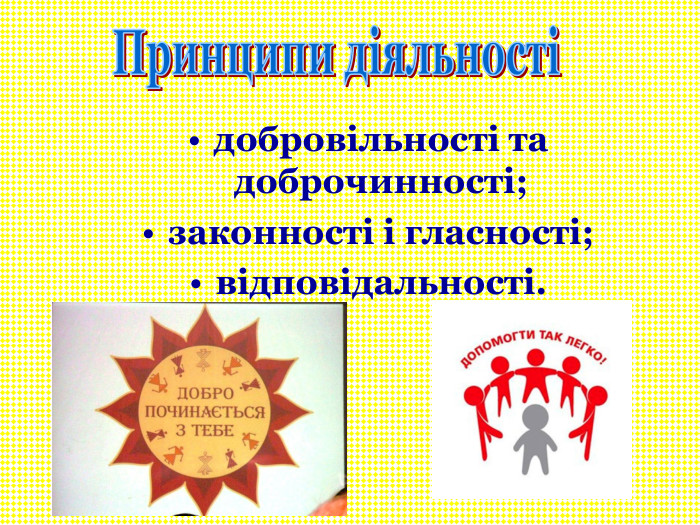 добровільності та доброчинності; законності і гласності; відповідальності. 