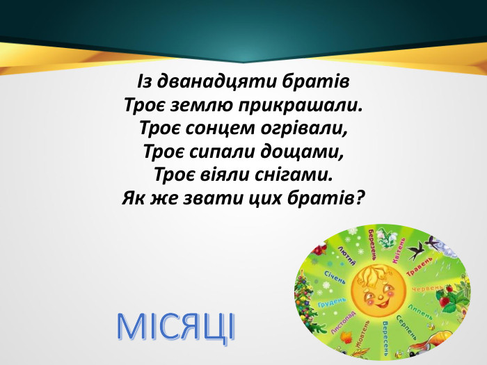 Із дванадцяти братів. Троє землю прикрашали. Троє сонцем огрівали,Троє сипали дощами,Троє віяли снігами. Як же звати цих братів?МІСЯЦІ