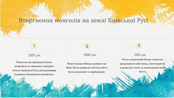 Вторгнення монголів на землі Київської Русі11237 рік. Монголи під проводом Батия вторглися до південно-західних земель Київської Русі, розгромивши Галицько-Волинське князівство.21240 рік. Монгольське військо рушило на Київ. Після тривалої облоги, місто було захоплене та зруйноване.31241 рік. Після захоплення Києва, монголи продовжили свій похід, спустошуючи українські землі та захоплюючи нові міста.