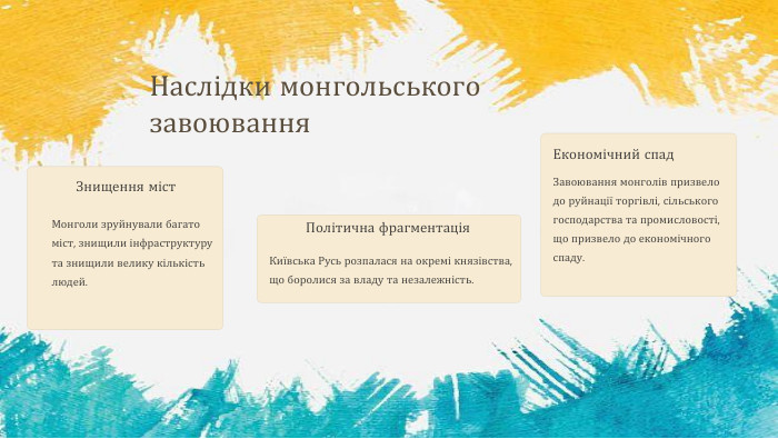 Наслідки монгольського завоювання. Знищення міст. Монголи зруйнували багато міст, знищили інфраструктуру та знищили велику кількість людей. Економічний спад. Завоювання монголів призвело до руйнації торгівлі, сільського господарства та промисловості, що призвело до економічного спаду. Політична фрагментація. Київська Русь розпалася на окремі князівства, що боролися за владу та незалежність.