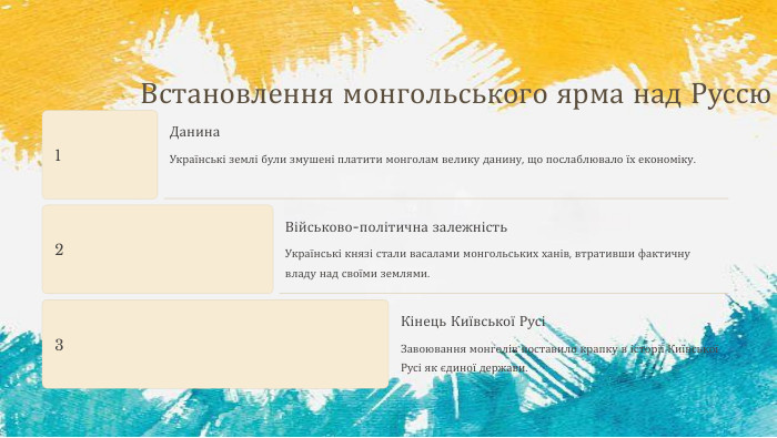 Встановлення монгольського ярма над Руссю1 Данина. Українські землі були змушені платити монголам велику данину, що послаблювало їх економіку.2 Військово-політична залежність. Українські князі стали васалами монгольських ханів, втративши фактичну владу над своїми землями.3 Кінець Київської РусіЗавоювання монголів поставило крапку в історії Київської Русі як єдиної держави.
