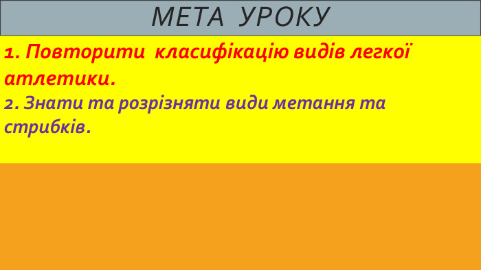 Мета уроку1. Повторити класифікацію видів легкої атлетики.2. Знати та розрізняти види метання та стрибків.