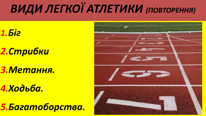 Види легкої атлетики (повторення)1.	Біг2. Стрибки3. Метання.4. Ходьба.5. Багатоборства.