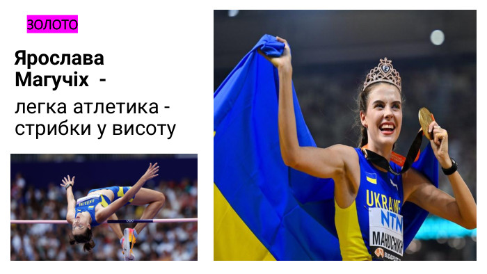 ЗОЛОТОЯрослава Магучіх  - легка атлетика -стрибки у висоту