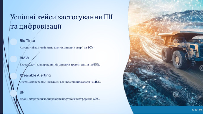 Успішні кейси застосування ШІ та цифровізаціїRio Tinto. Автономні вантажівки на шахтах знизили аварії на 30%. BMWЕкзоскелети для працівників знизили травми спини на 50%. Wearable Alerting. Система попередження втоми водіїв зменшила аварії на 45%. BPДрони скоротили час перевірки нафтових платформ на 60%.