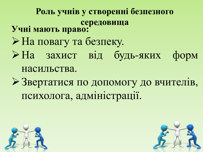      Учні мають право: На повагу та безпеку. На захист від будь-яких форм насильства. Звертатися по допомогу до вчителів, психолога, адміністрації.   Роль учнів у створенні безпезного середовища 
