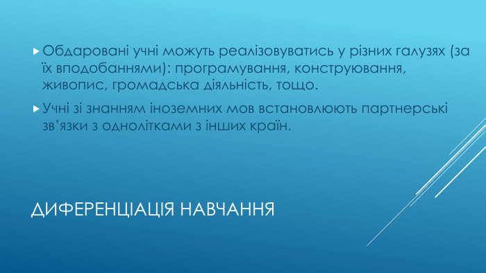 Диференціація навчання. Обдаровані учні можуть реалізовуватись у різних галузях (за їх вподобаннями): програмування, конструювання, живопис, громадська діяльність, тощо. Учні зі знанням іноземних мов встановлюють партнерські зв’язки з однолітками з інших країн.