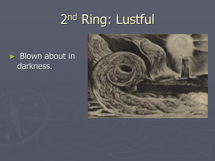 2nd Ring: Lustful  Blown about in darkness. 