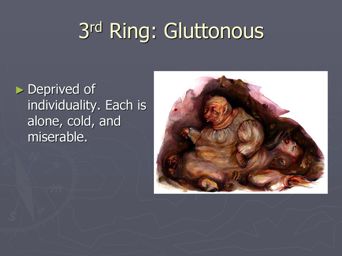 3rd Ring: Gluttonous Deprived of individuality. Each is alone, cold, and miserable. 