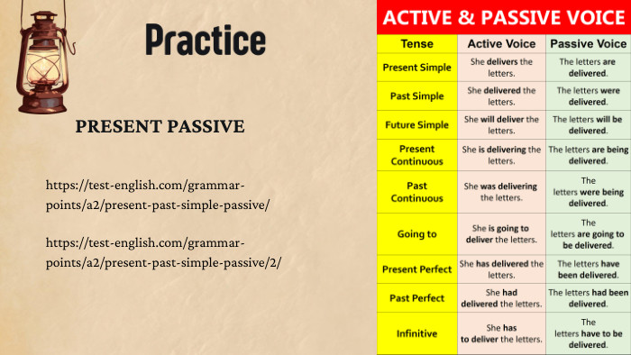 Practice. PRESENT PASSIVEhttps://test-english.com/grammar-points/a2/present-past-simple-passive/https://test-english.com/grammar-points/a2/present-past-simple-passive/2/