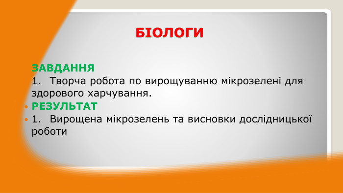 БІОЛОГИЗАВДАННЯ1.	Творча робота по вирощуванню мікрозелені для здорового харчування. РЕЗУЛЬТАТ1.	Вирощена мікрозелень та висновки дослідницької роботи