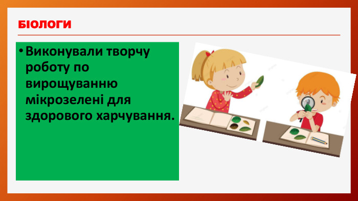 БІОЛОГИВиконували творчу роботу по вирощуванню мікрозелені для здорового харчування.
