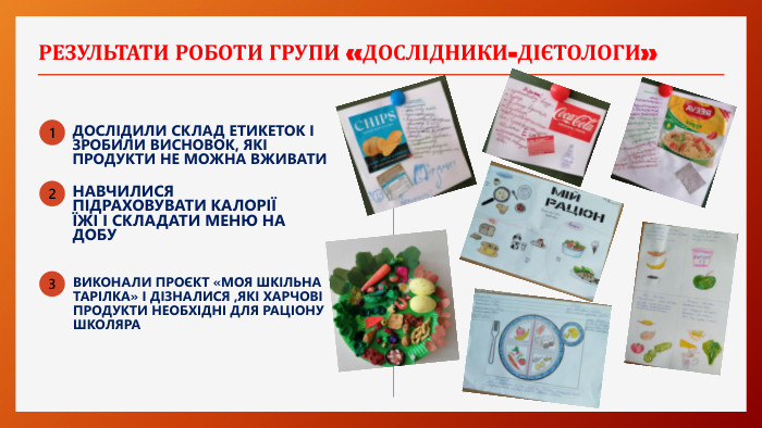 РЕЗУЛЬТАТИ РОБОТИ ГРУПИ «ДОСЛІДНИКИ-ДІЄТОЛОГИ» 1 ДОСЛІДИЛИ СКЛАД ЕТИКЕТОК І ЗРОБИЛИ ВИСНОВОК, ЯКІ ПРОДУКТИ НЕ МОЖНА ВЖИВАТИ 2 НАВЧИЛИСЯ ПІДРАХОВУВАТИ КАЛОРІЇ ЇЖІ І СКЛАДАТИ МЕНЮ НА ДОБУ3 ВИКОНАЛИ ПРОЄКТ «МОЯ ШКІЛЬНА ТАРІЛКА» І ДІЗНАЛИСЯ ,ЯКІ ХАРЧОВІ ПРОДУКТИ НЕОБХІДНІ ДЛЯ РАЦІОНУ ШКОЛЯРА