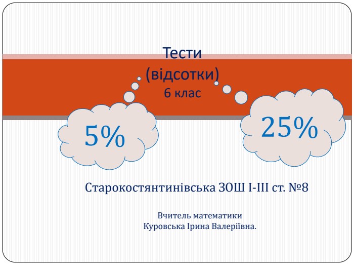 Старокостянтинівська ЗОШ І-ІІІ ст. №8 Тести(відсотки)6 клас. Вчитель математики. Куровська Ірина Валеріївна.25%5%