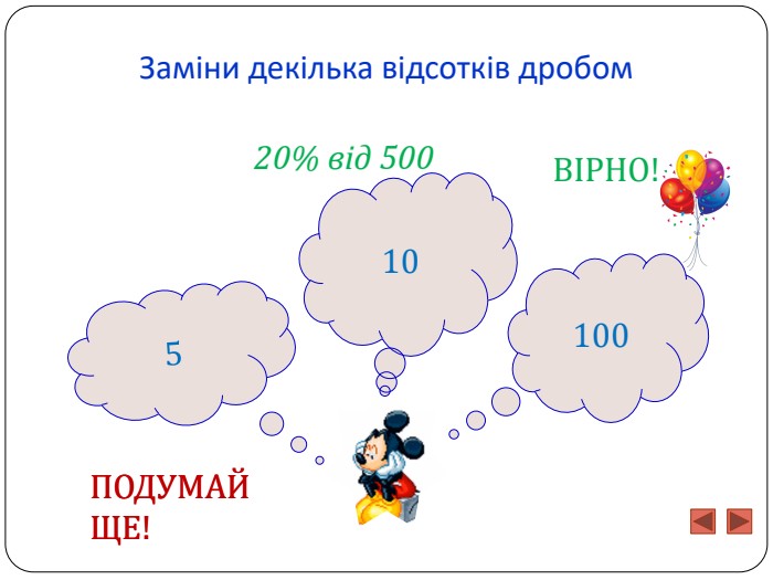 Заміни декілька відсотків дробом10100520% від 500 ПОДУМАЙ ЩЕ!ПОДУМАЙ ЩЕ!ВІРНО!