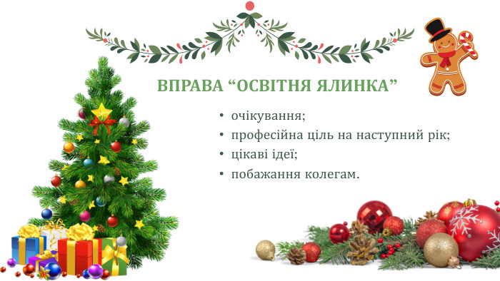 очікування;професійна ціль на наступний рік;цікаві ідеї;побажання колегам. ВПРАВА “ОСВІТНЯ ЯЛИНКА”