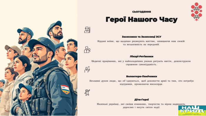 СЬОГОДЕННЯГерої Нашого Часу. Захисники та Захисниці ЗСУВіддані воїни, що щоденно ризикують життям, захищаючи наш спокій та незалежність на передовій. Лікарі-Рятівники. Медичні працівники, які у найскладніших умовах рятують життя, демонструючи справжню самовідданість. Волонтери-Помічники. Незламні духом люди, що об'єднуються, щоб допомогти армії та тим, хто потребує підтримки, проявляючи милосердя. Діти-ГероїМаленькі українці, які своїми вчинками, творчістю та вірою надихають дорослих і несуть світло надії.