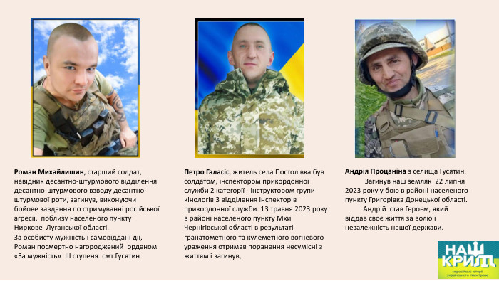 Роман Михайлишин, старший солдат, навідник десантно-штурмового відділення десантно-штурмового взводу десантно-штурмової роти, загинув, виконуючи бойове завдання по стримуванні російської агресії, поблизу населеного пункту Ниркове Луганської області. За особисту мужність і самовіддані дії, Роман посмертно нагороджений орденом «За мужність» III ступеня. смт. Гусятин. Петро Галасіс, житель села Постолівка був солдатом, інспектором прикордонної служби 2 категорії - інструктором групи кінологів 3 відділення інспекторів прикордонної служби. 13 травня 2023 року в районі населеного пункту Мхи Чернігівської області в результаті гранатометного та кулеметного вогневого ураження отримав поранення несумісні з життям і загинув, Андрія Процаніна з селища Гусятин. Загинув наш земляк 22 липня 2023 року у бою в районі населеного пункту Григорівка Донецької області. Андрій став Героєм, який віддав своє життя за волю і незалежність нашої держави.