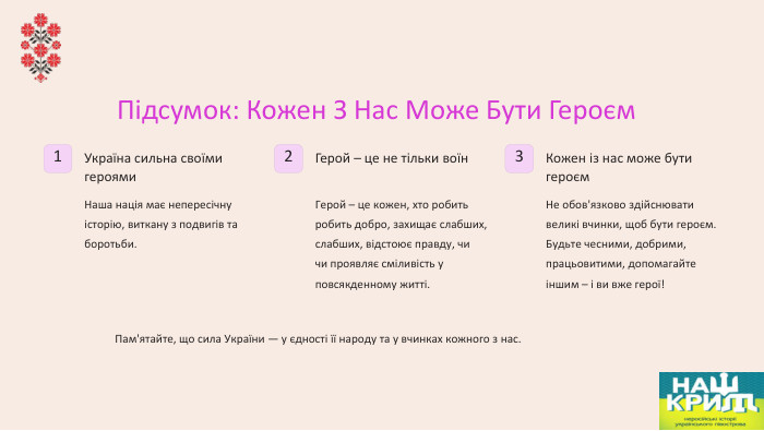 Підсумок: Кожен З Нас Може Бути Героєм1 Україна сильна своїми героями. Наша нація має непересічну історію, виткану з подвигів та боротьби.2 Герой – це не тільки воїн. Герой – це кожен, хто робить добро, захищає слабших, відстоює правду, чи проявляє сміливість у повсякденному житті.3 Кожен із нас може бути героєм. Не обов'язково здійснювати великі вчинки, щоб бути героєм. Будьте чесними, добрими, працьовитими, допомагайте іншим – і ви вже герої! Пам'ятайте, що сила України — у єдності її народу та у вчинках кожного з нас.