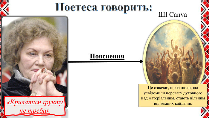 Поетеса говорить:«Крилатим ґрунту не треба»Пояснення. Це означає, що ті люди, які усвідомили перевагу духовного над матеріальним, стають вільним від земних кайданів. ШІ Canva