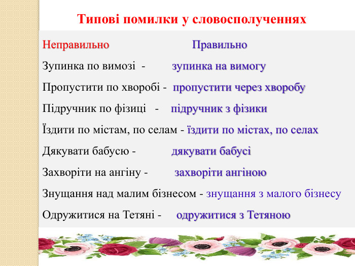 Типові помилки у словосполученнях. Неправильно Правильно. Зупинка по вимозі - зупинка на вимогу. Пропустити по хворобі - пропустити через хворобу Підручник по фізиці - підручник з фізики Їздити по містам, по селам - їздити по містах, по селах Дякувати бабусю - дякувати бабусі Захворіти на ангіну - захворіти ангіною Знущання над малим бізнесом - знущання з малого бізнесу Одружитися на Тетяні - одружитися з Тетяною 