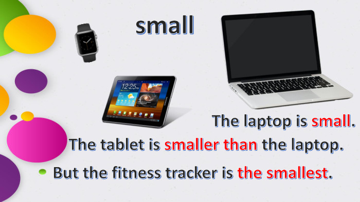 small. The laptop is small. The tablet is smaller than the laptop. But the fitness tracker is the smallest.