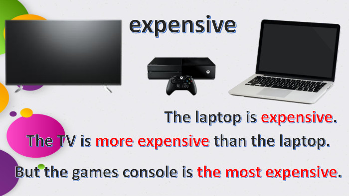 expensive. The laptop is expensive. The TV is more expensive than the laptop. But the games console is the most expensive.