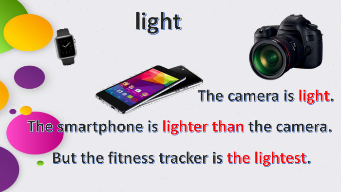light. The camera is light. The smartphone is lighter than the camera. But the fitness tracker is the lightest.