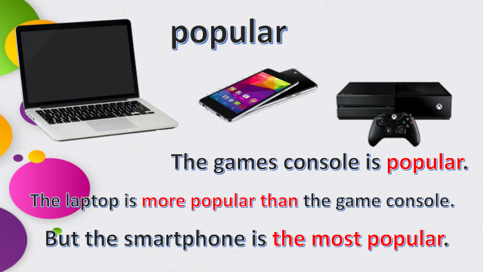 popular. The games console is popular. The laptop is more popular than the game console. But the smartphone is the most popular.