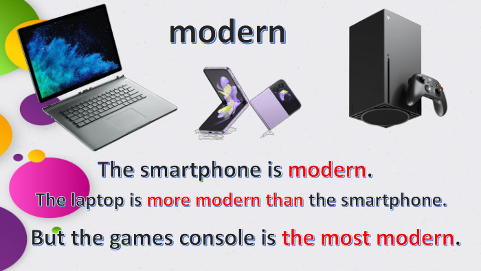 modern. The smartphone is modern. The laptop is more modern than the smartphone. But the games console is the most modern.