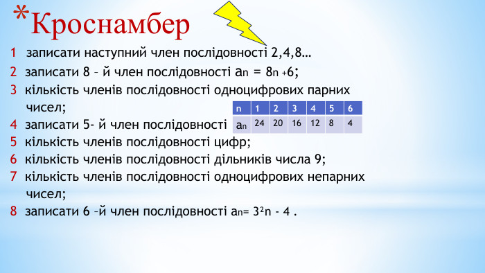 Кроснамбер1 записати наступний член послідовності 2,4,8… 2 записати 8 – й член послідовності аn = 8n +6;3 кількість членів послідовності одноцифрових парних чисел; 4 записати 5- й член послідовності5 кількість членів послідовності цифр;6 кількість членів послідовності дільників числа 9;7 кількість членів послідовності одноцифрових непарних чисел;8 записати 6 –й член послідовності аn= 3²n - 4 .{5 C22544 A-7 EE6-4342-B048-85 BDC9 FD1 C3 A}n123456аn2420161284