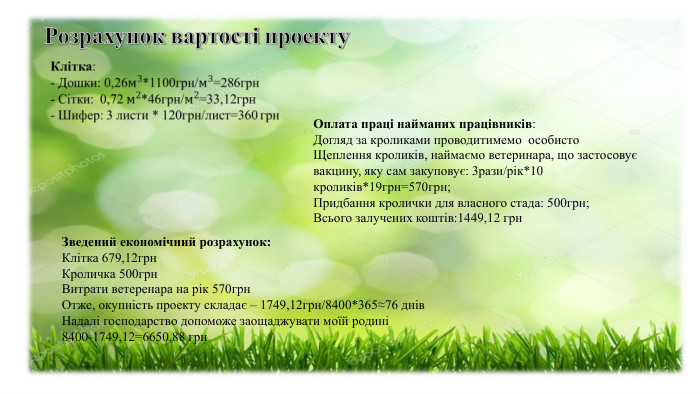 Оплата праці найманих працівників: Догляд за кроликами проводитимемо  особисто Щеплення кроликів, наймаємо ветеринара, що застосовує вакцину, яку сам закуповує: 3рази/рік*10 кроликів*19грн=570грн; Придбання кролички для власного стада: 500грн; Всього залучених коштів:1449,12 грн  Зведений економічний розрахунок: Клітка 679,12грн Кроличка 500грн Витрати ветеренара на рік 570грн Отже, окупність проекту складає – 1749,12грн/8400*365≈76 днів Надалі господарство допоможе заощаджувати моїй родині 8400-1749,12=6650,88 грн  